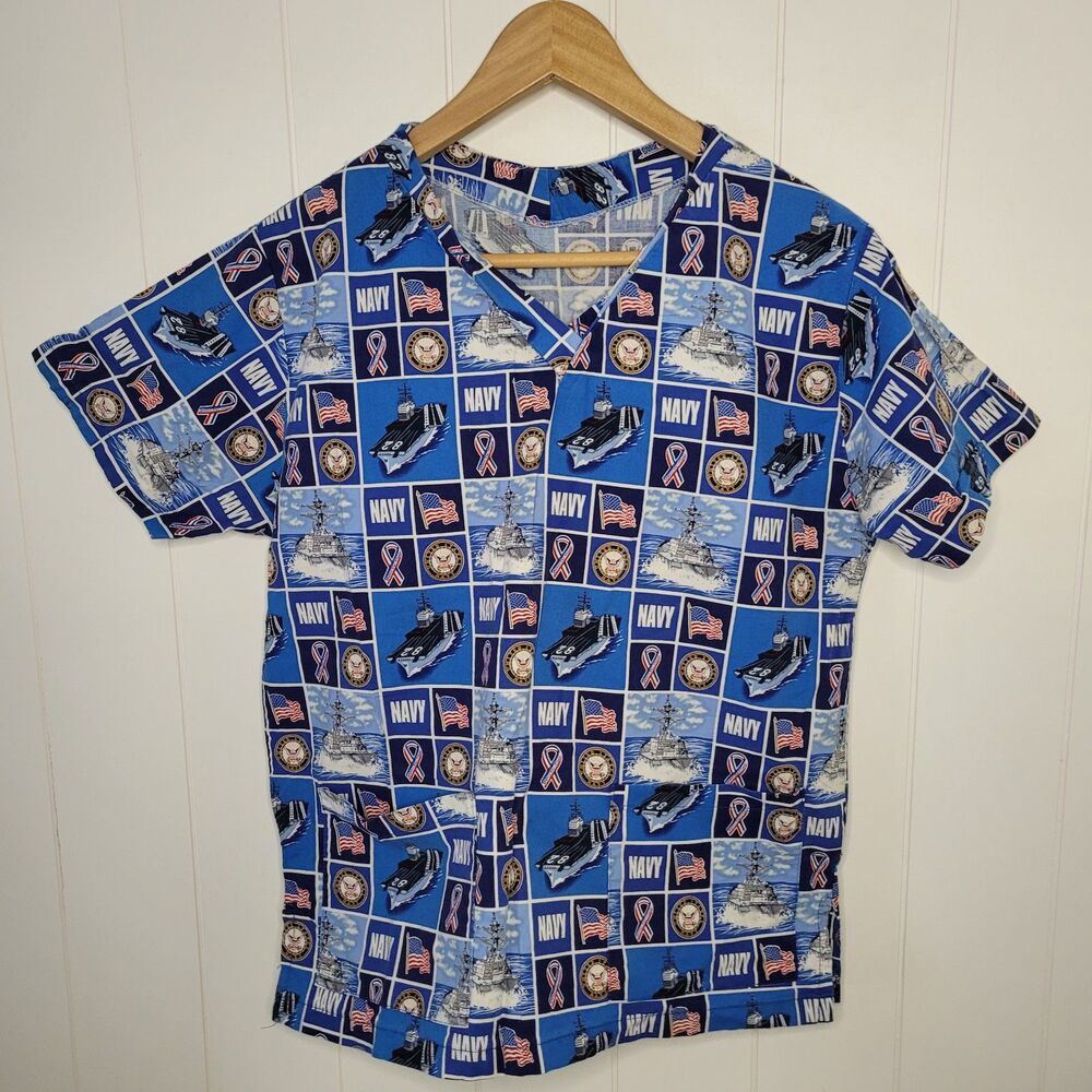 Womens Patriotic Scrub Top USA Navy Ships Short Sleeve Flag Cotton